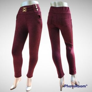New Fashion Women Winter Warm Pull Up Burgundy  Fleece Lined Pants